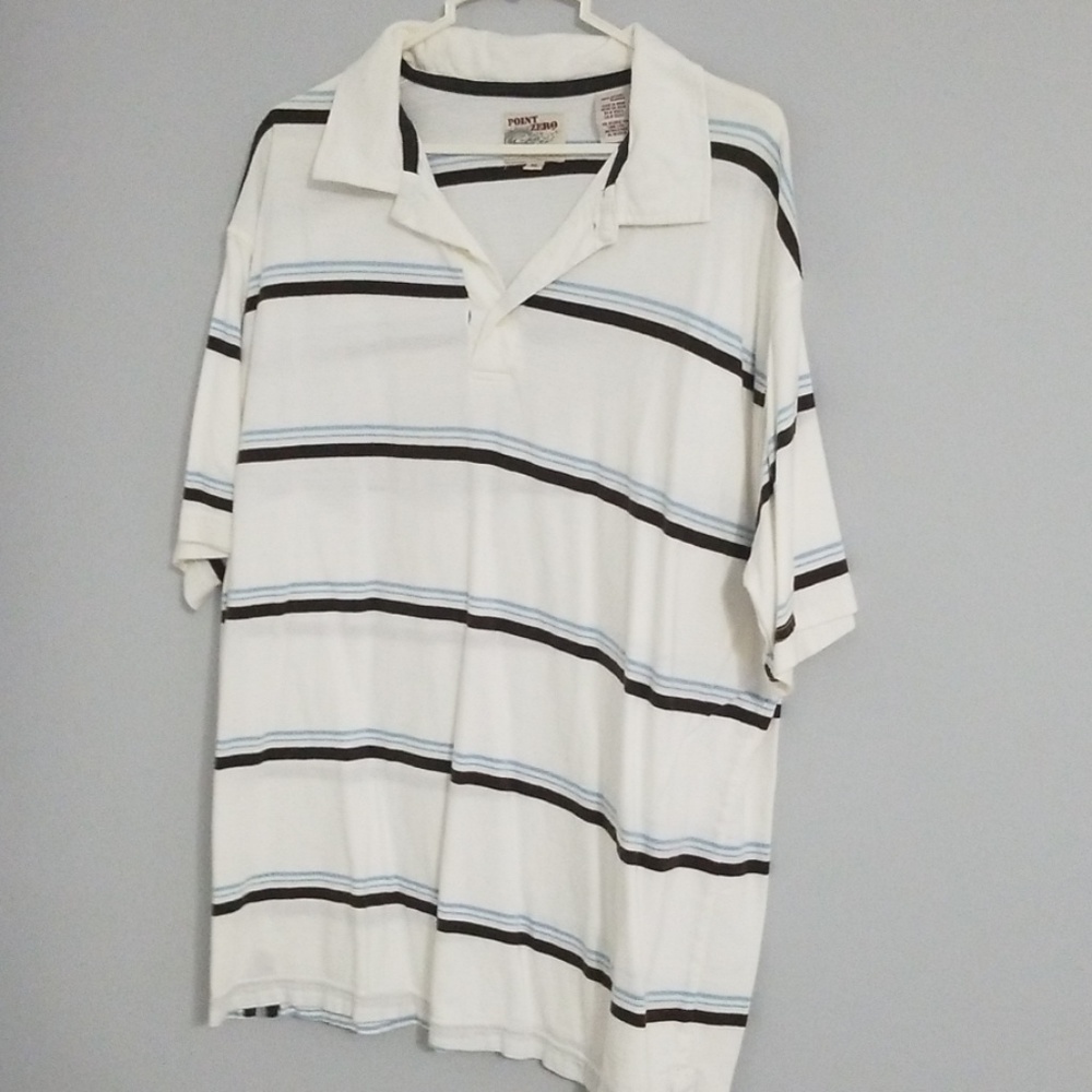 Mens polo shirt, size XL, white with brown/blue